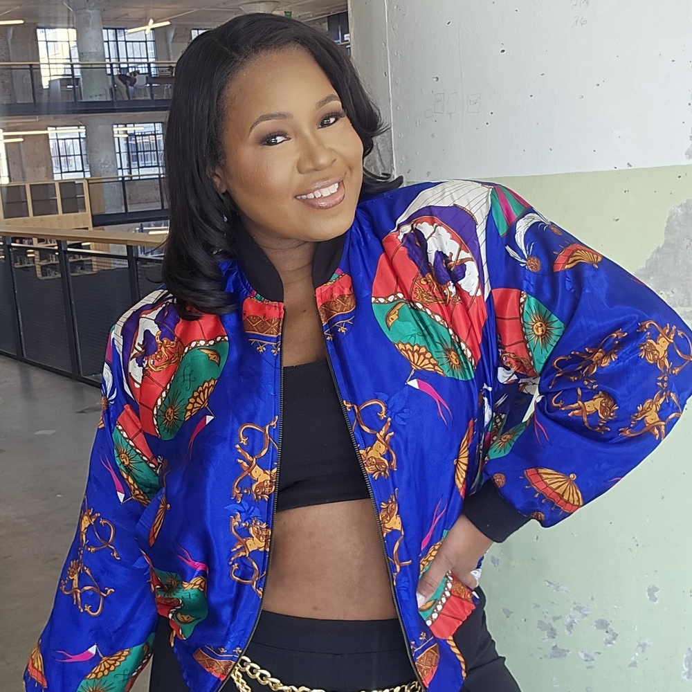Vibrant Blue Printed Bomber Jacket - Women's Coat